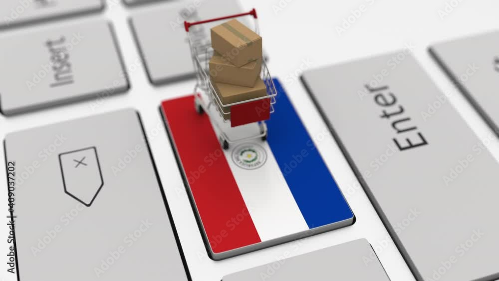 Aufkleber computer keyboard key with flag of paraguay and shopping cart with cartons, looping online shopping 