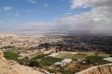 View of the Jordan, the land of Jordan, and the Dead Sea from Jericho
