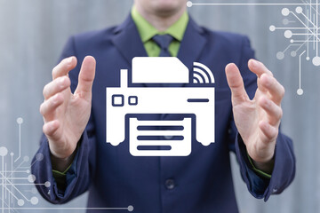 Businessman holding printer virtual icon. Modern Publishing Industry Business Concept. Printing...