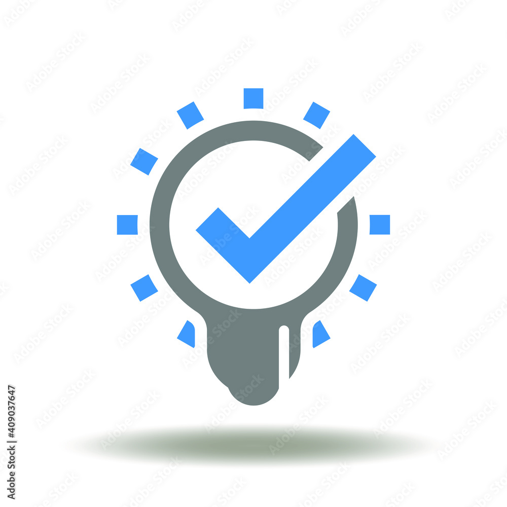 Poster bulb with check mark vector icon. creative idea standard quality compliance symbol. solution illustr