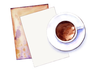 Coffee cup on paper sheets.