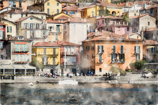 Scenic Varenna on Lake Como in northern Italy. The lakeside village is a popular tourist destination. Watercolor Illustration.