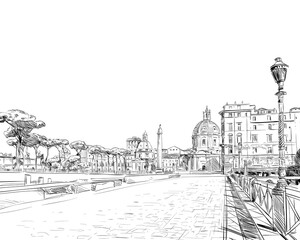 The Trajan's Column. Roman forum. Rome. Italy. Hand drawn city sketch. Vector illustration.
