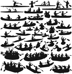 kayak canoe and inflatable boats isolated silhouette vector collection - obrazy, fototapety, plakaty
