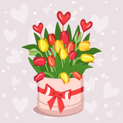 Box with yellow tulips and purple envelope for Valentine Day, Women Day, Mother Day. A gift for a girl, mom, grandmother, girlfriend. Vector flat illustration