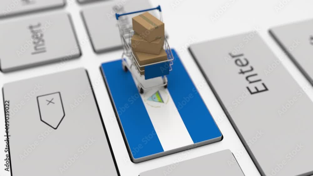 Aufkleber shopping cart on the keyboard key with flag of nicaragua. looping ecommerce related 3d animation