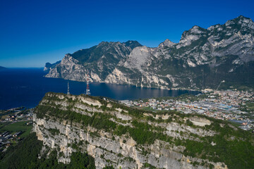 Italian Alps panoramic views of the Riva del Garda and lake Garda. Panorama of the gorgeous Lake Garda surrounded by mountains in Riva del Garda, Italy