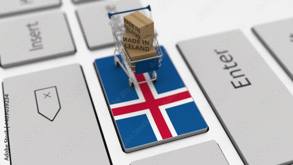 Poster cartons with made in iceland text and shopping cart on the computer keyboard. conceptual looping 3d 