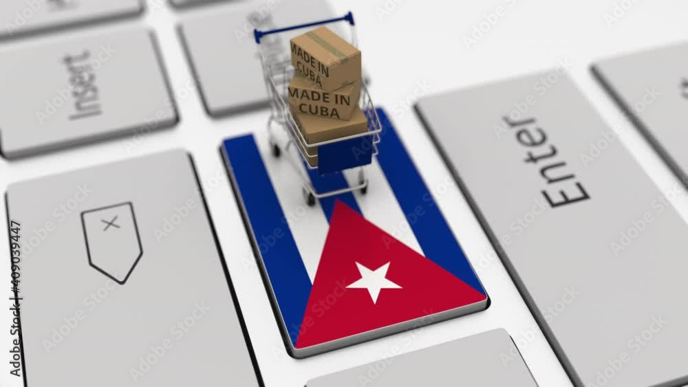 Poster boxes with made in cuba text and shopping cart on the keyboard. conceptual looping 3d animation