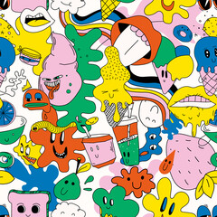 Naklejka premium Bright themed vector seamless pattern of hilarious abstract characters