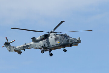 Fototapeta na wymiar Black Cat RAF helicopter during mid-display at the Southport Airshow 2019