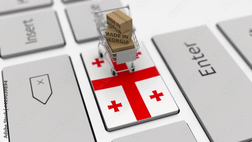 Poster cartons with made in georgia text and shopping cart on the computer keyboard. conceptual looping 3d 