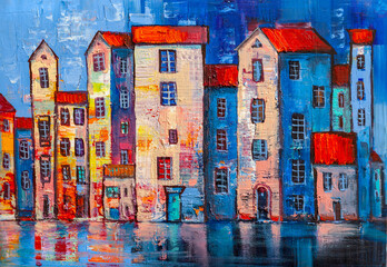 Naklejka premium Abstract painting of city buildings. Contemporary art.