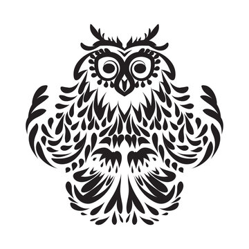 Owl with open wings. Black and white tattoo of eagle owl, front view. Vector illustration. Ornamental style for mascot or another design.