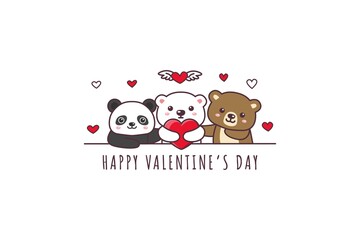 Cute bear, panda, polar bear drawing happy valentines day doodle