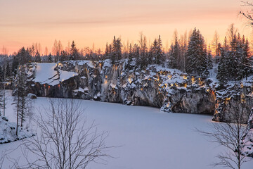 Beautiful winter view of the main marble quarry of mountain park Ruskeala, Karelia