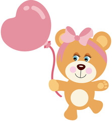 Baby girl teddy bear running hold a pink heart balloon