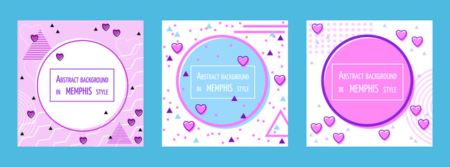 Set of colorful geometric backgrounds in Memphis style. Template. Poster. Valentine's Day.