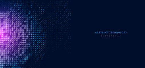 Obraz premium Abstract technology futuristic digital concept square pattern with lighting glowing particles square elements on dark blue background.