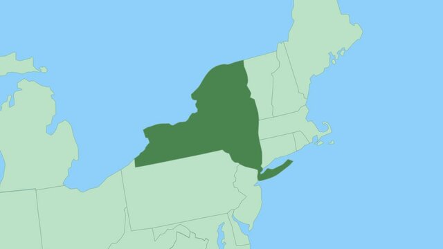 Map of New York with pin of country capital. New York Map with neighboring countries in green color.

