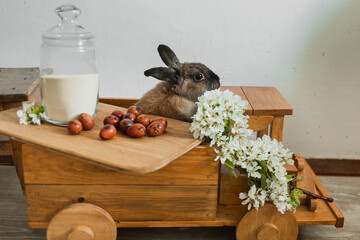 A bunny looks out of a wooden car decorated with spring blooms.