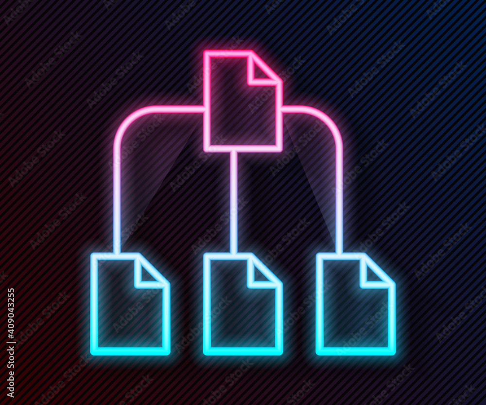 Aufkleber Glowing neon line Folder tree icon isolated on black background. Computer network file folder organization structure flowchart. Vector.