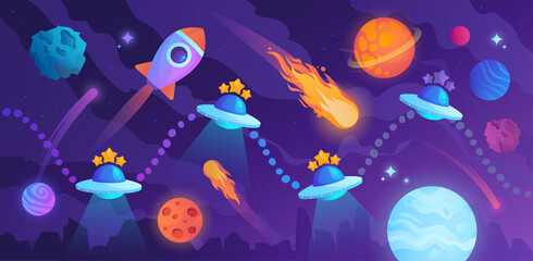 Game level map with spaceship and alien flying saucers, cartoon 2d gui landscape, computer or mobile arcade. Space cartoon background. Colored flat cartoon vector illustration