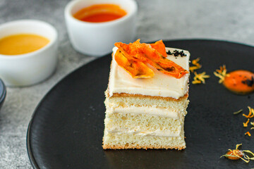 cake sweet piece biscuit cream dessert slice layers vanilla kurd plate on the table meal snack view copy space for text food background top image