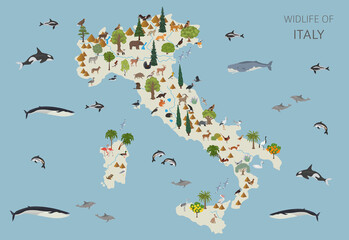 Flat design of Italy wildlife. Animals, birds and plants constructor elements isolated on white set. Build your own geography infographics collection.