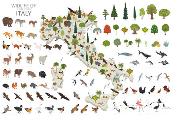 Isometric 3d design of Italy wildlife. Animals, birds and plants constructor elements isolated on white set. Build your own geography infographics collection