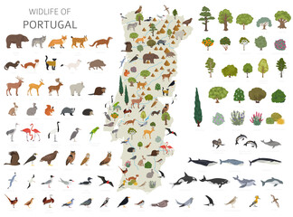 Flat design of Portugal wildlife. Animals, birds and plants constructor elements isolated on white set. Build your own geography infographics collection