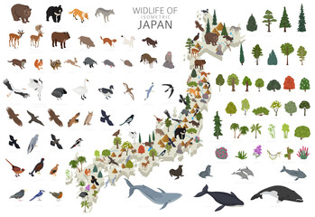 Isometric 3d design of Japan wildlife. Animals, birds and plants constructor elements isolated on white set. Build your own geography infographics collection - obrazy, fototapety, plakaty