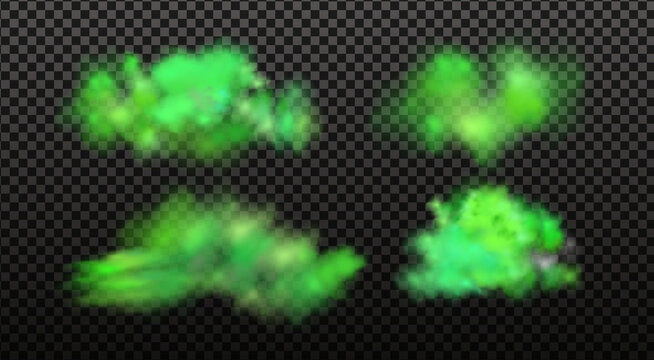 Green stink bad smell, smoke or poison gases,chemical toxic vapour.Vector realistic set of stench breath or sweat odor isolated on transparent checkered background.