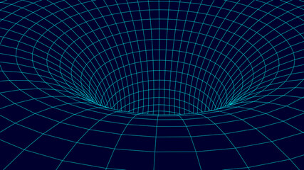 Futuristic blue funnel. Wireframe space travel tunnel. Abstract blue wormhole with surface warp. Vector illustration.