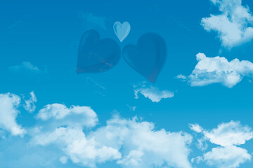 Blue sky with white clouds, hearts and clouds . Digital art painting design elements for Valentine’s Day.