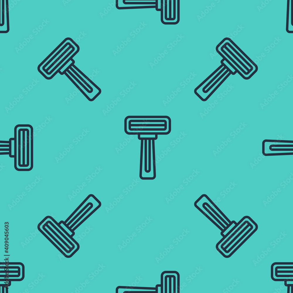 Poster black line shaving razor icon isolated seamless pattern on green background. vector.
