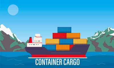 Cargo ship in bay, industrial vessel with containers freight in harbor shipyard, import and export maritime logistic service. Commercial ocean transportation concept. Flat cartoon vector illustration