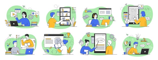 Online education concept. Bundle of scenes with men and women taking part in activities of educating or instructing. Set of outline flat vector illustrations