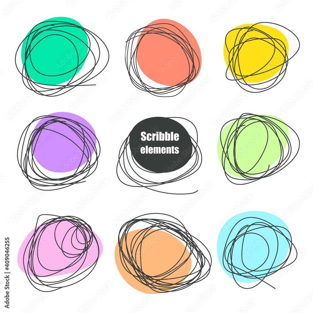 Aufkleber set of hand drawn scribble circles with color background. freehand drawing. hand-drawn doodle circul
