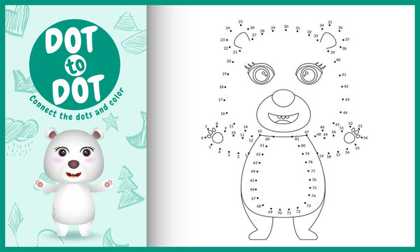 Connect the dots kids game and coloring page with a cute polar bear character illustration