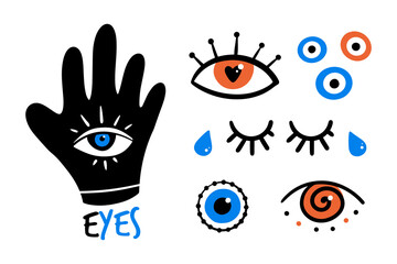 Set, collection of colorful and decorative eyes icons, evil eyes symbols. Intuition and spirituality concept.