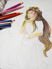 Girl Drawing on Coloured Pencils