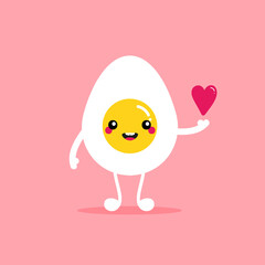 Cute cartoon style boiled egg character holding pink heart in hand. Love, appreciation and caring concept.