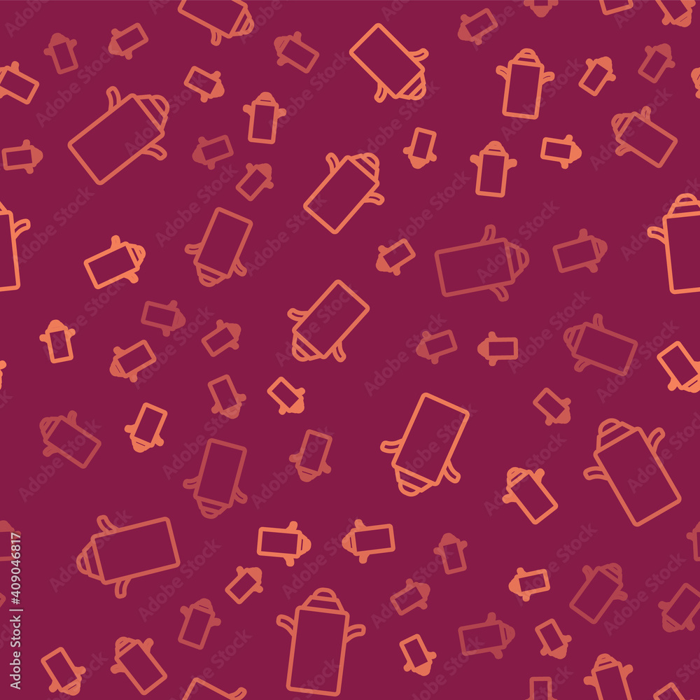 Poster brown line can container for milk icon isolated seamless pattern on red background. vector.