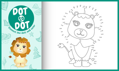 Connect the dots kids game and coloring page with a cute lion character illustration