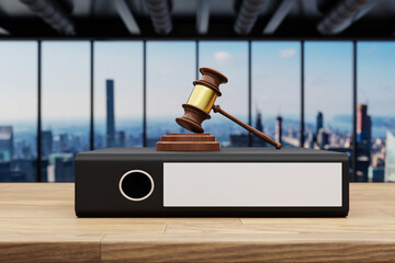 judge gavel standing on black office binder file folder on wooden desk in large modern office building; skyline view; white label copy space; 3D Illustration