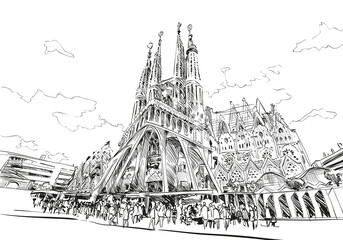 Atoning Temple of the Sagrada Familia. Spain. Barcelona. Hand drawn city sketch. Vector illustration. - obrazy, fototapety, plakaty