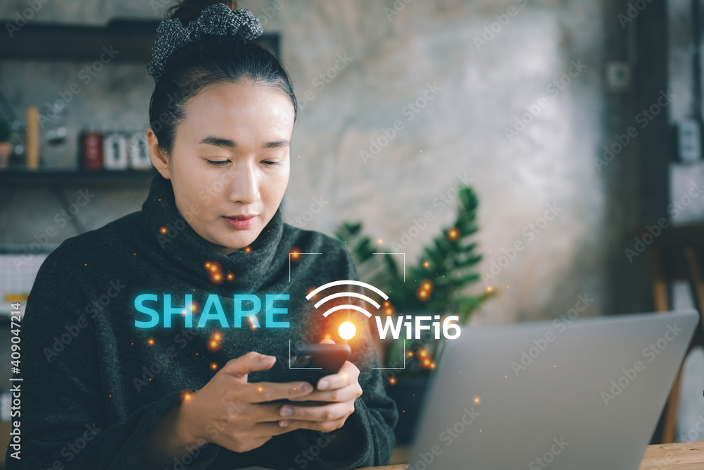 Poster Asian woman using a smartphone with new wifi 6, Wi-fi 6 is the next generation Wi-fi connectivity with high capacity, coverage and performance. share internet wifi for connection.
