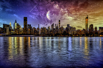 Night Manhattan under a wonderful  starry sky and with reflection in the water, Manhattan
