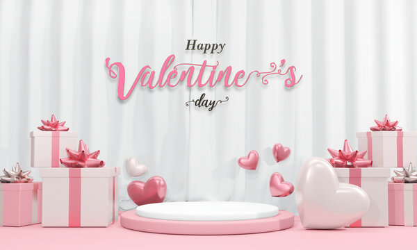 pink podium backdrop for product display showcase with gift box pink balloon heart floating Curtain white background love valentine day concept 3d rendering